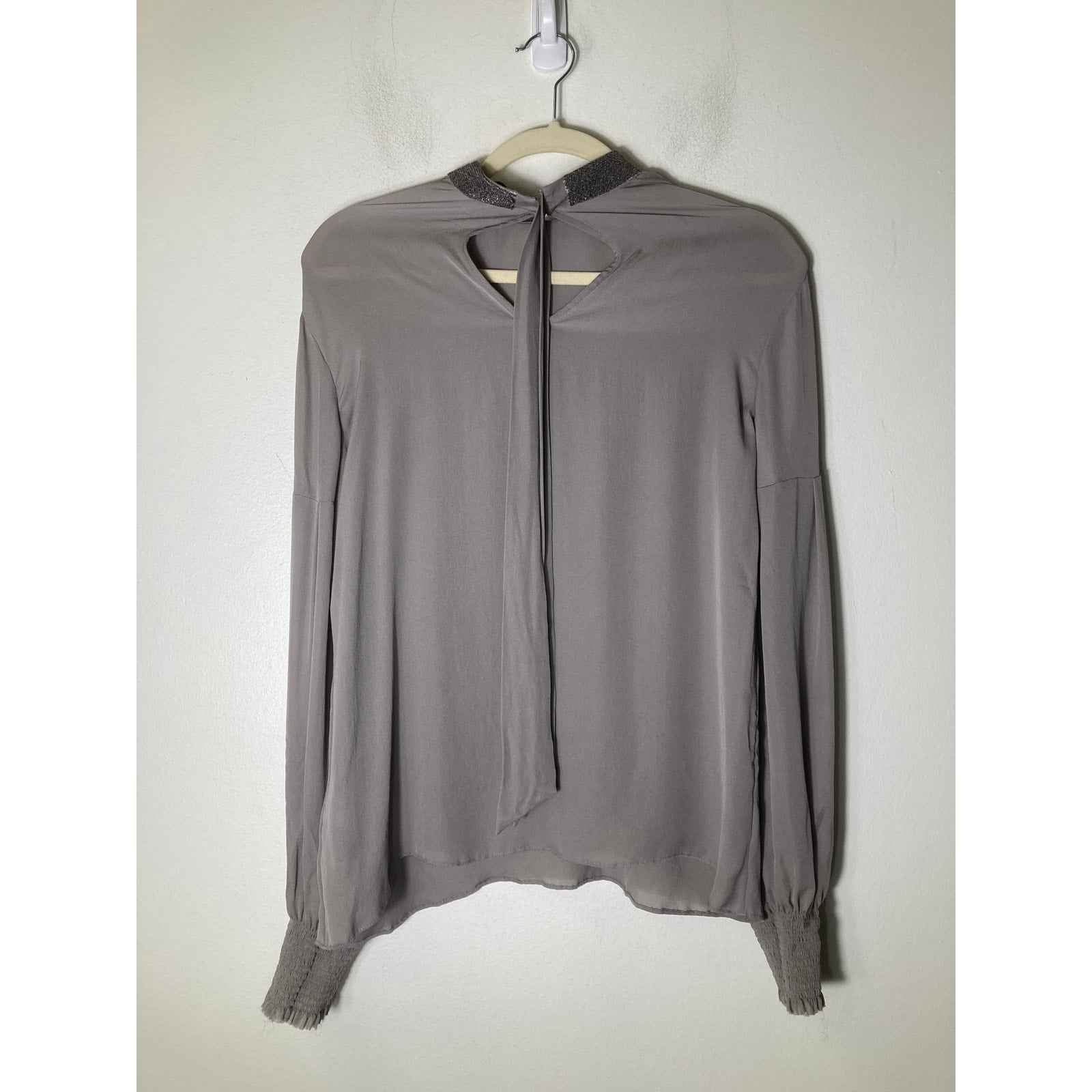 Go Silk Taupe Gray Long Sleeve Silk Semi Sheer Shirt w/ Smocked Cuffs Sz S