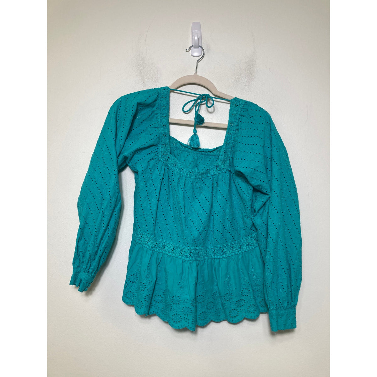 Mahila Teal Eyelet Peasant Top Sz M