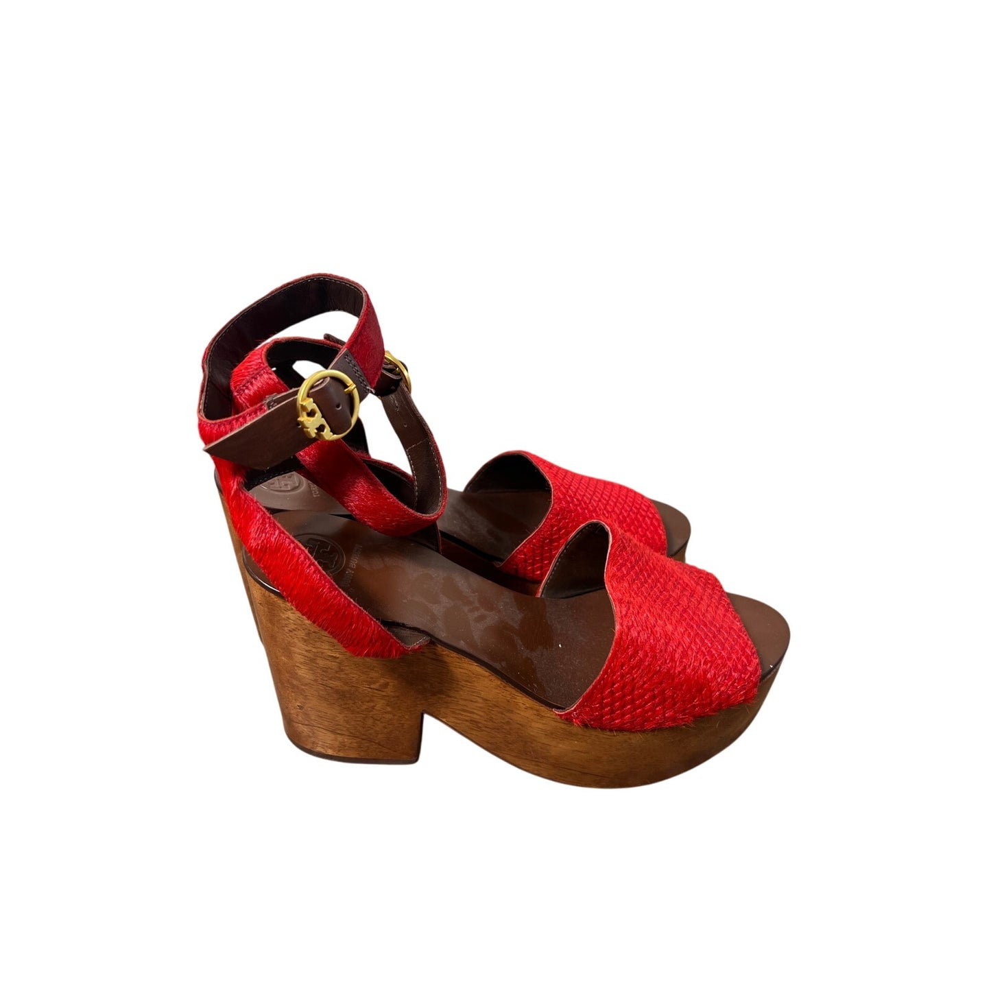 Tory Burch Red Dyed Calf Fur Sandal With Wooden Stacked Wedge Sz 10