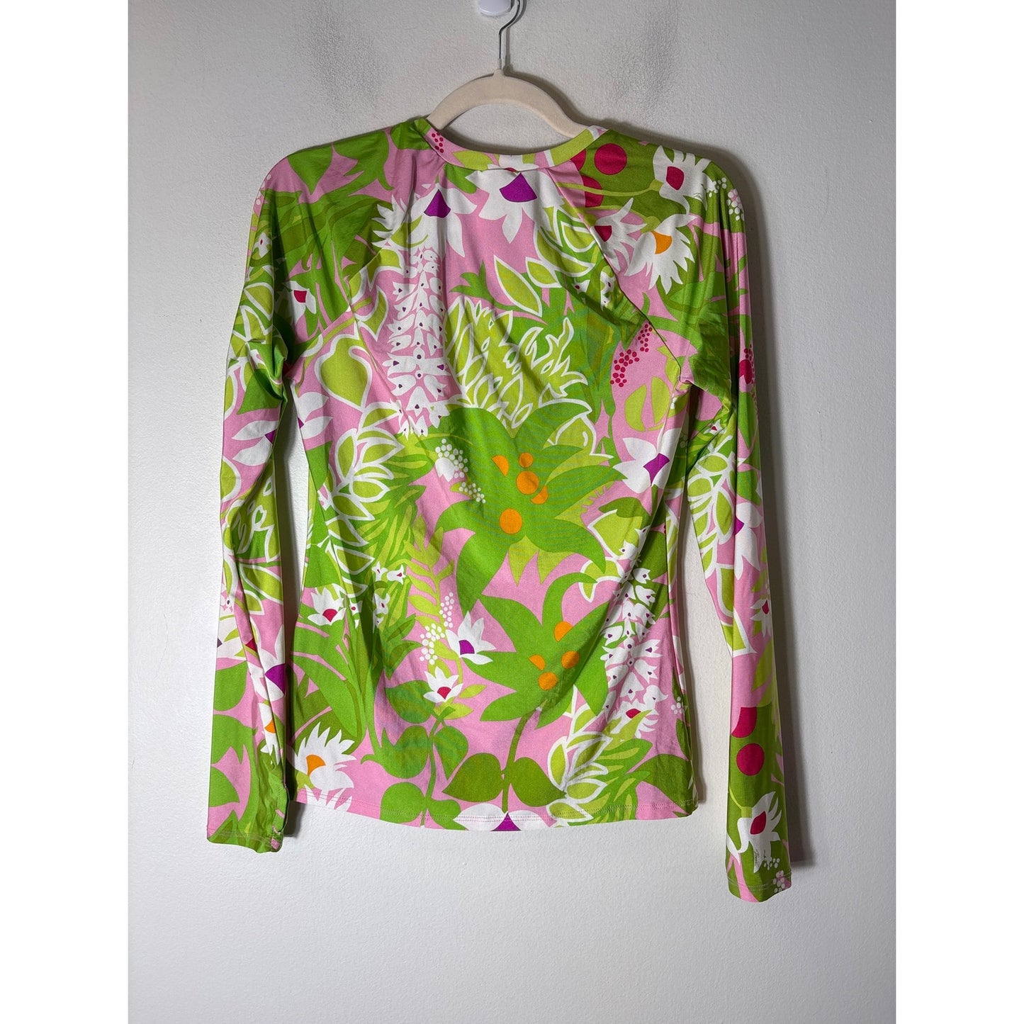 Trina Turk Pink Green Palma Swim Long Sleeve Rash Guard Sz L