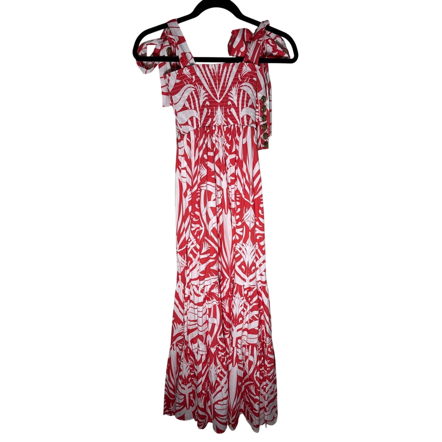 Sheridan French Orangy Pink Smocked Cotton Maxi Dress Sz S
