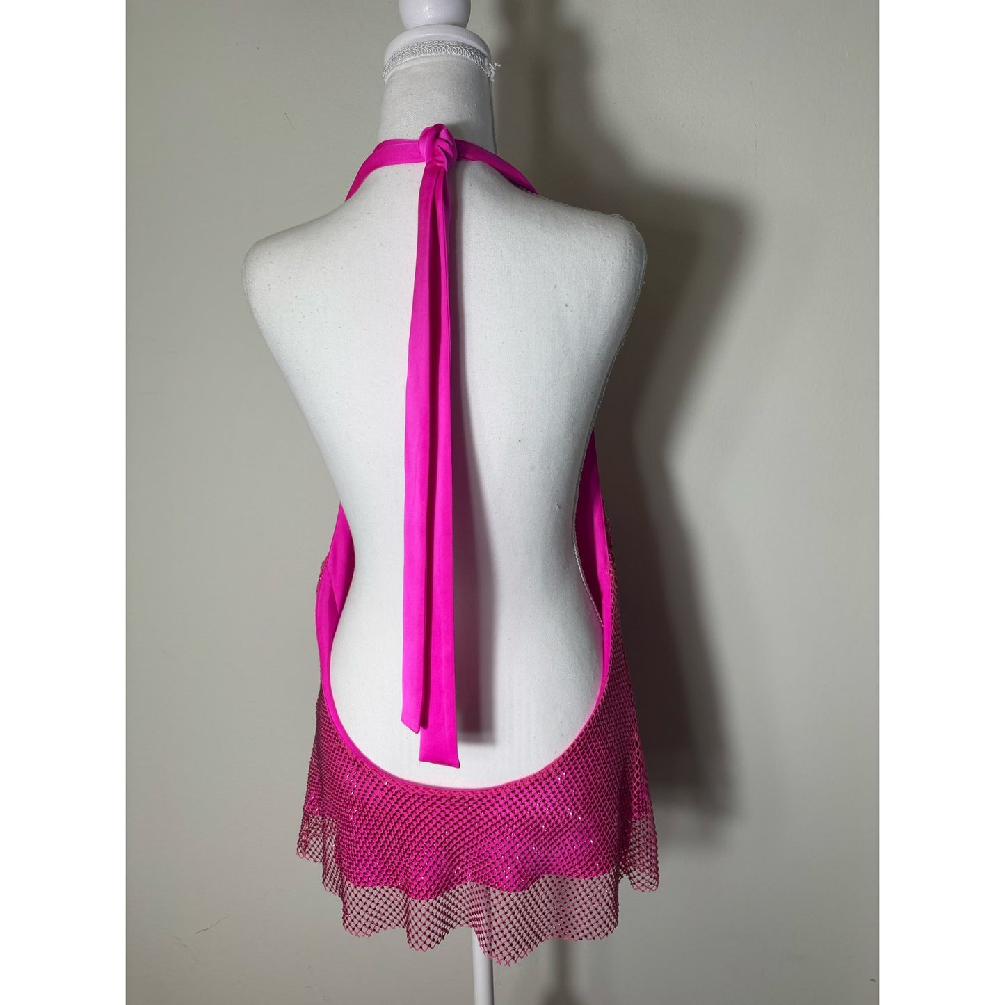 Amanda Uprichard Hot Pink Sequin Fishnet Halter Top Sz L