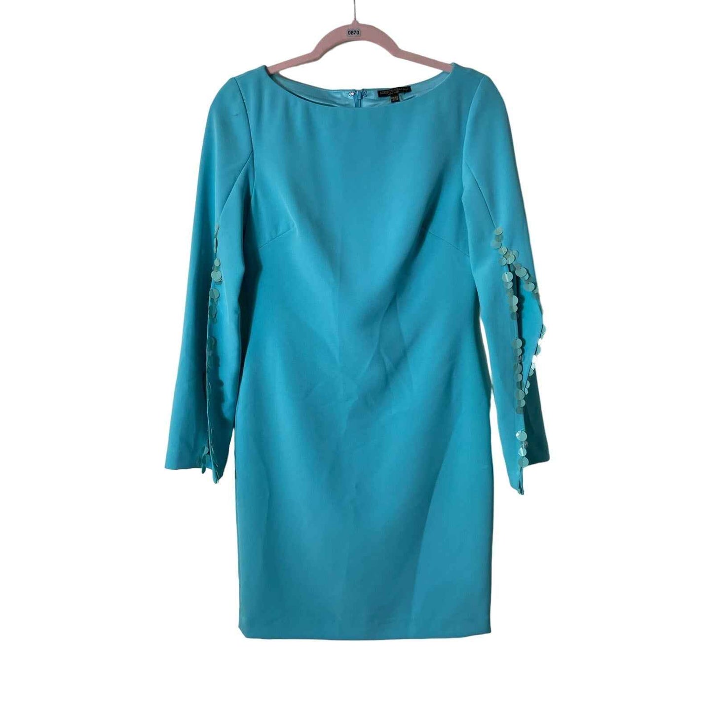 Alberto Makali Teal Knee Length Dress With Sequined Slit Sleeves Sz 2