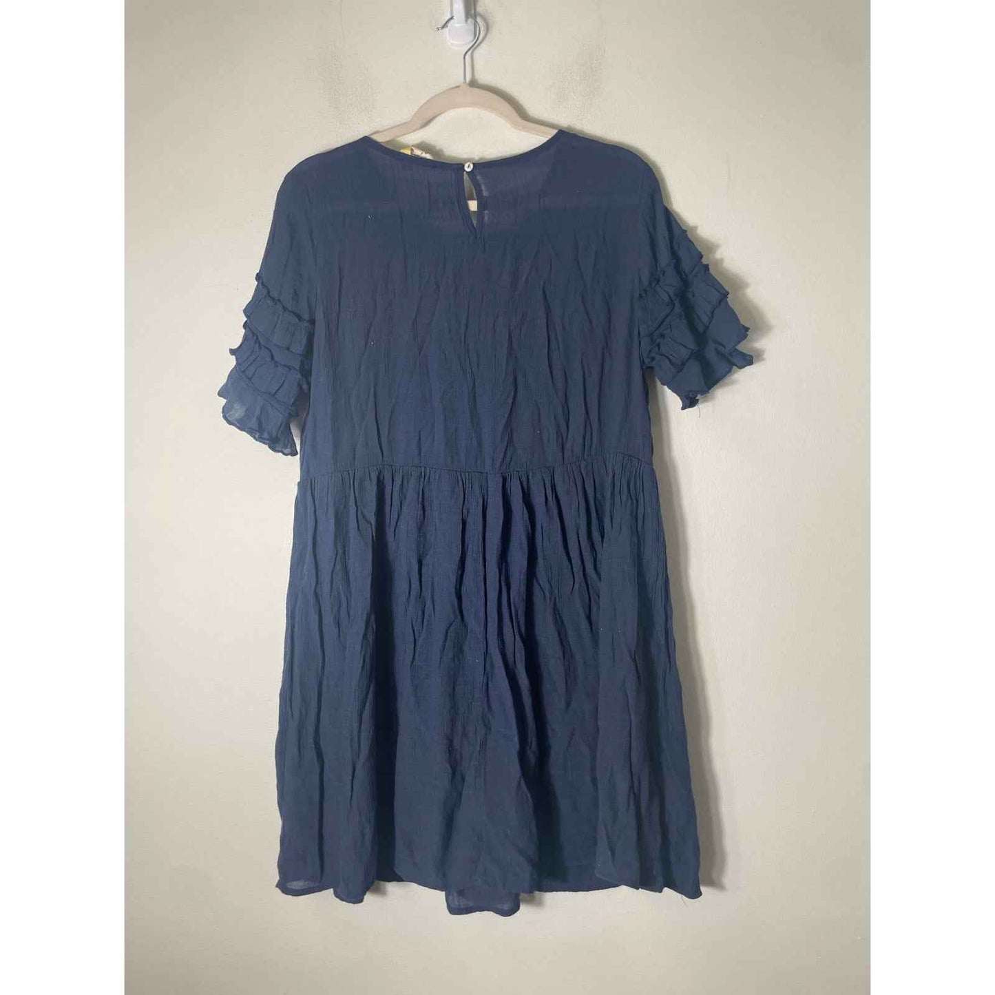 Entro Navy Embroidered Short Ruffle Sleeves Mini Dress Sz L
