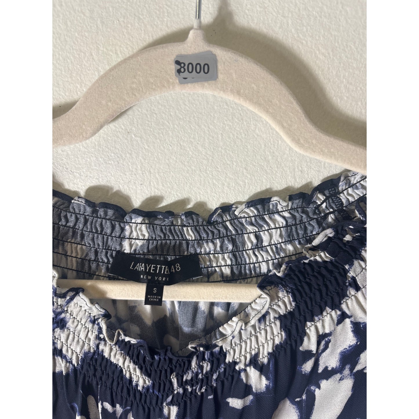 Lafayette Black Navy Long Sleeve Floral Long Sleeve Smocked Blouse Sz S