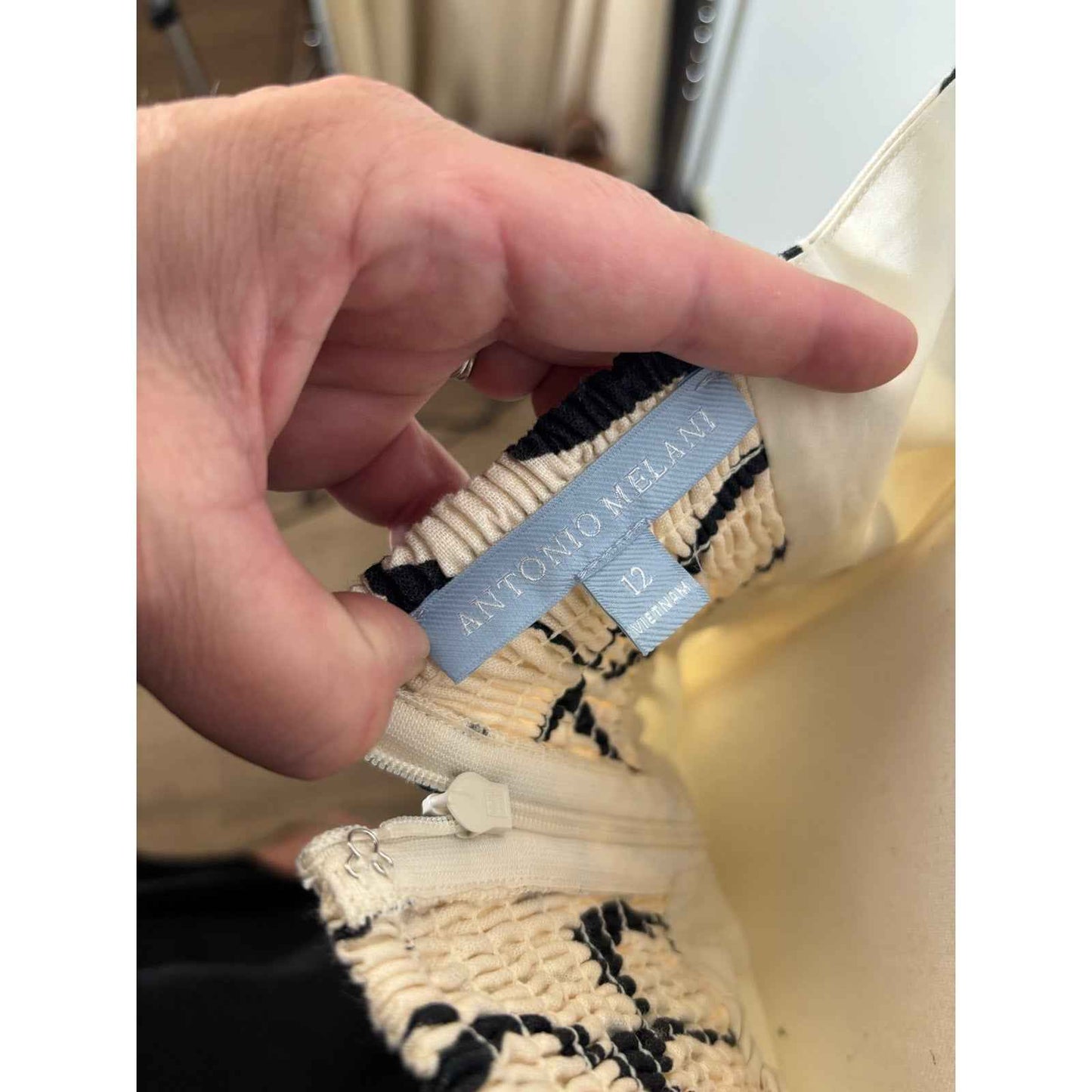 Antonio Melani Cream and Black Print Linen Blend Halter Special Occasion Dress Sz 12