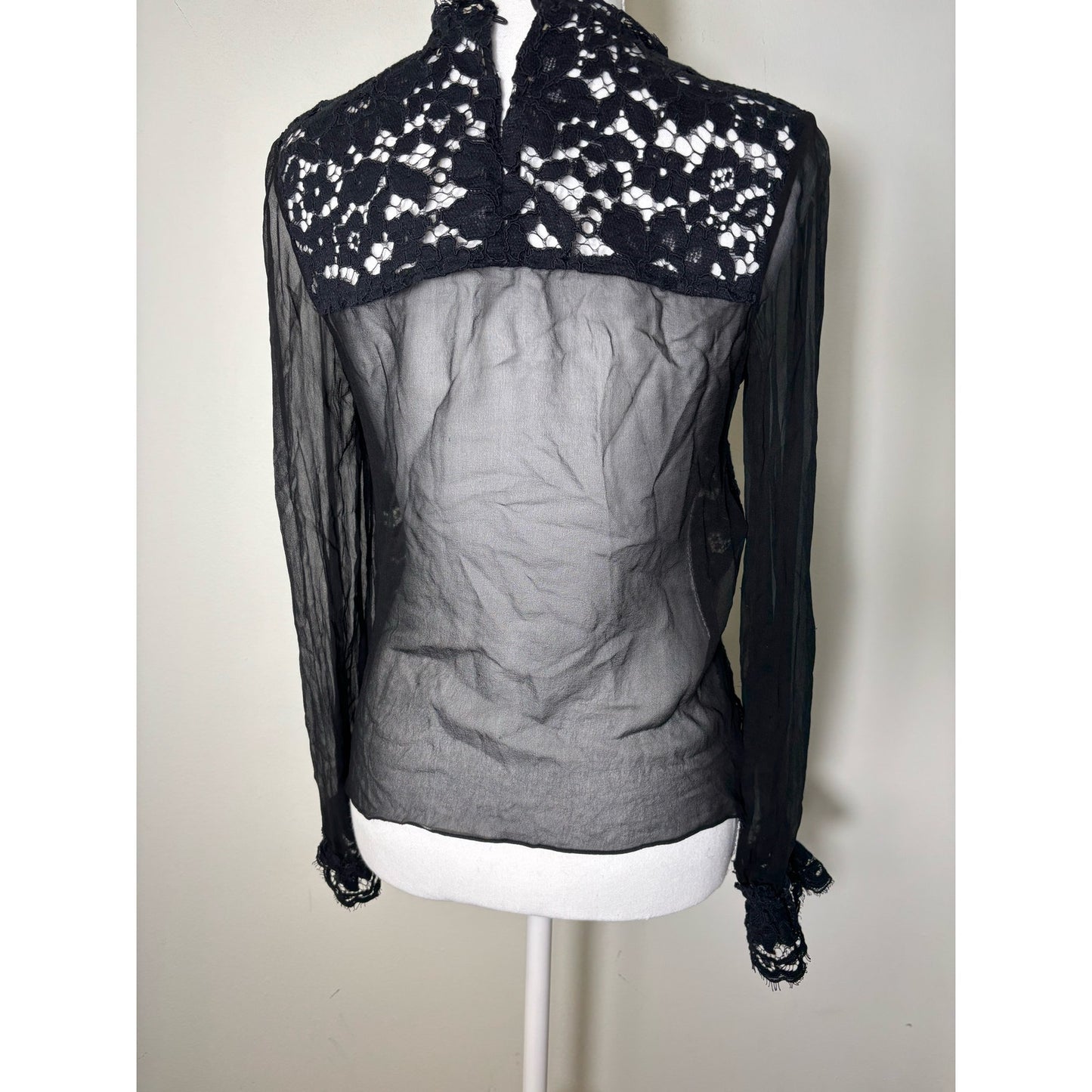 Alexis Black Sheer Lace Long Sleeve Scalloped Special Occasion Top Sz XS