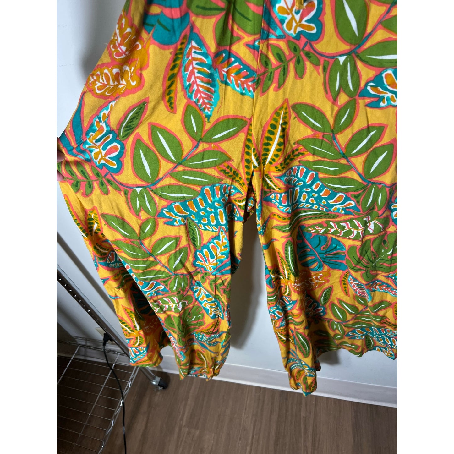 Japna Yellow and Teal Palm Spaghetti Strap Maxi Dress Sz S