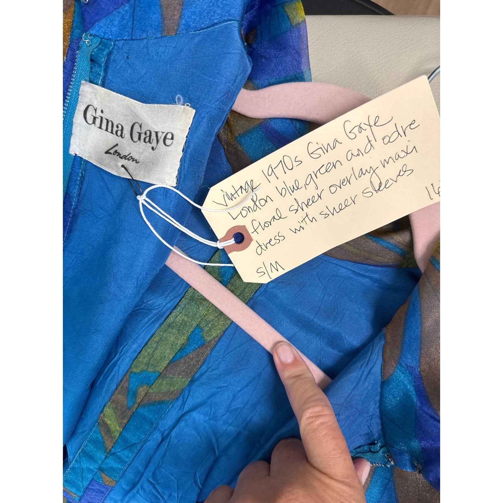 Gina Gaye Blue and Green Floral Overlay Maxi Dress Sz S/M