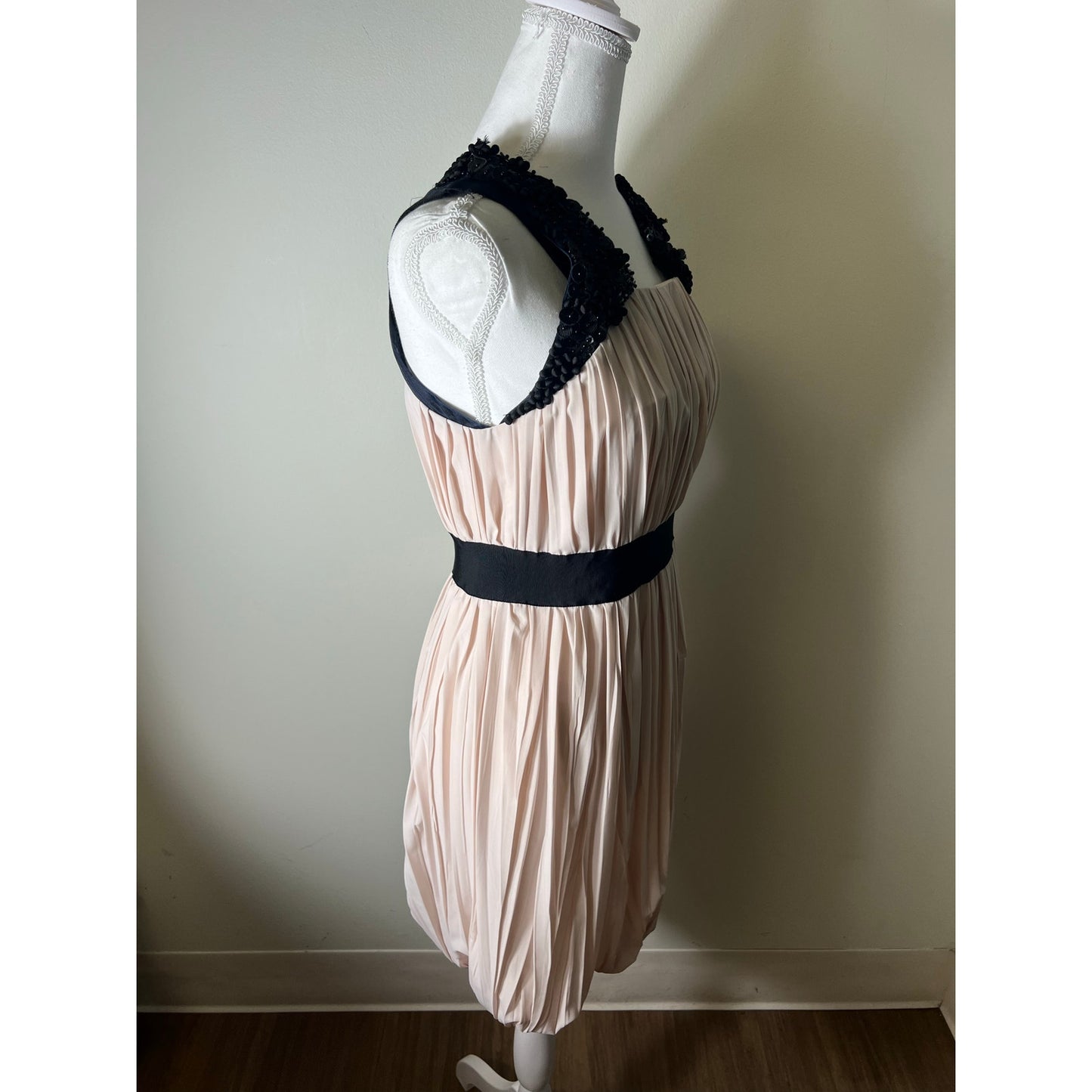 Robert Rodriguez Tan/Blush Pink Black Pleated Knee Length Silk Dress Sz 6