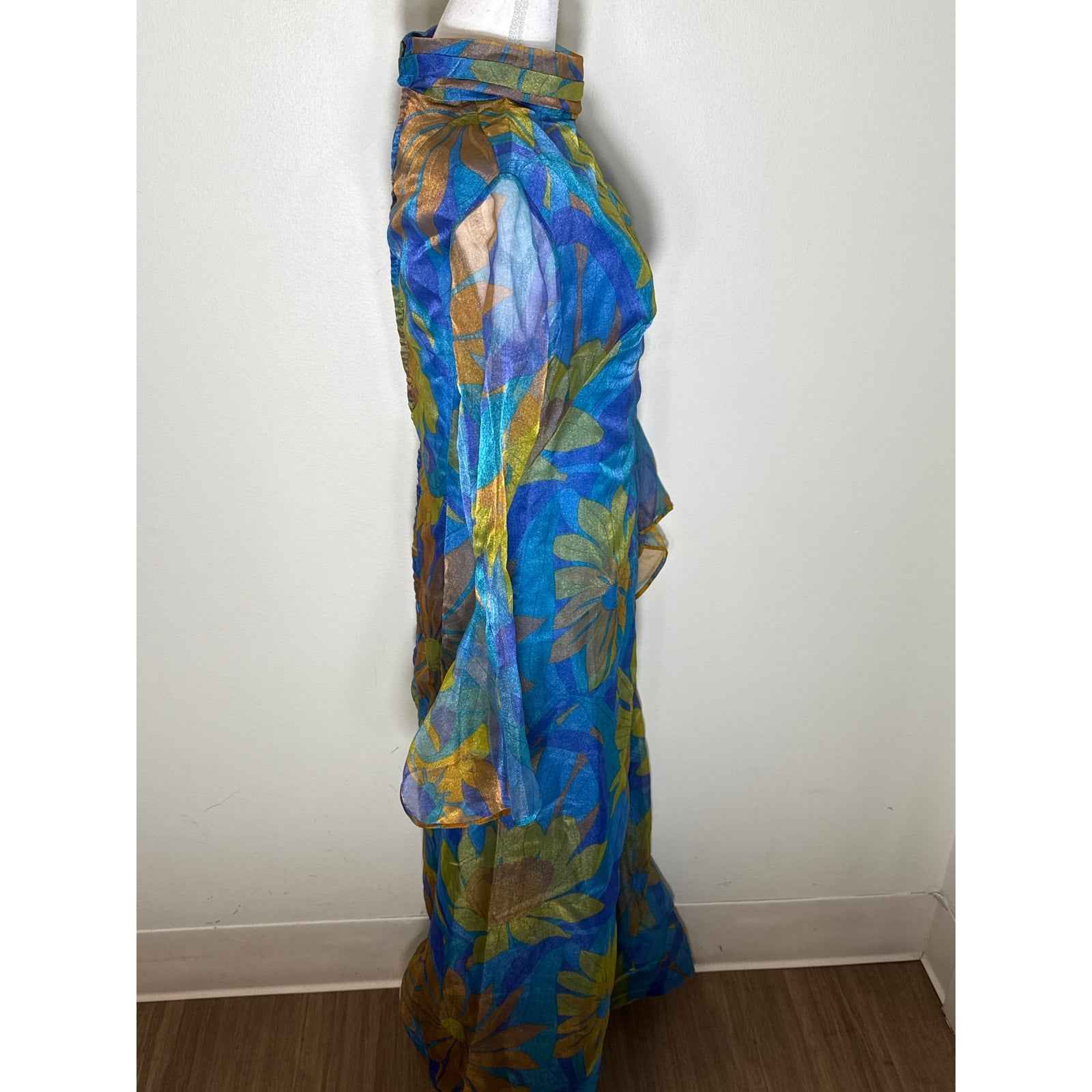 Gina Gaye Blue and Green Floral Overlay Maxi Dress Sz S/M