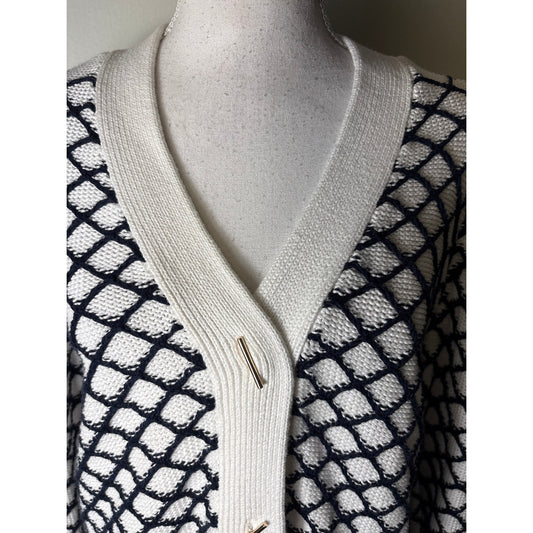 Marie Oliver Navy and WHite Diamond Stich V Neck Cardigan Sweater Sz XS
