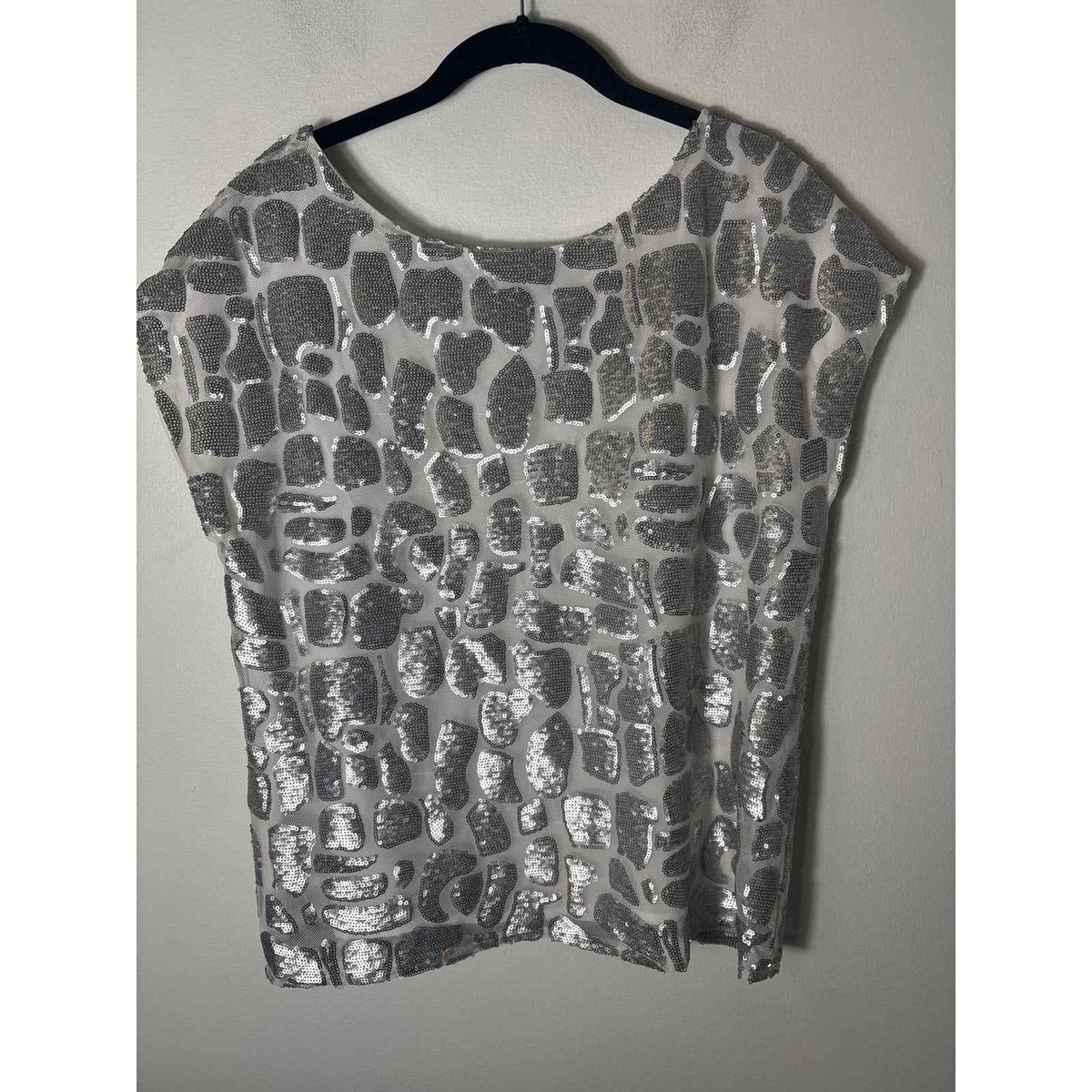 Vince Camuto Small Silver Sequin Cap Sleeve Mesh Shirt Sz M