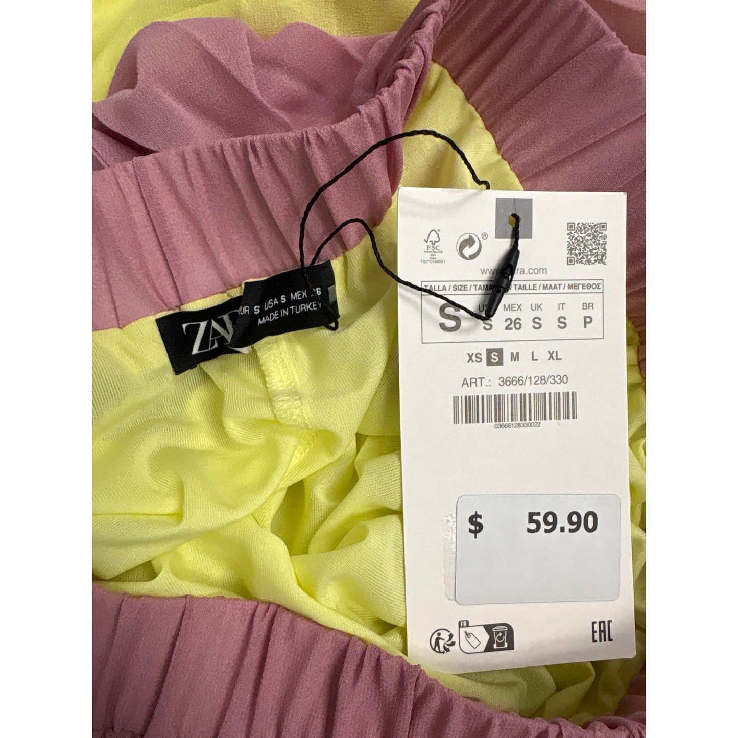 NWT Zara Pink and Yellow Accordian Pleat Midi Skirt Sz S
