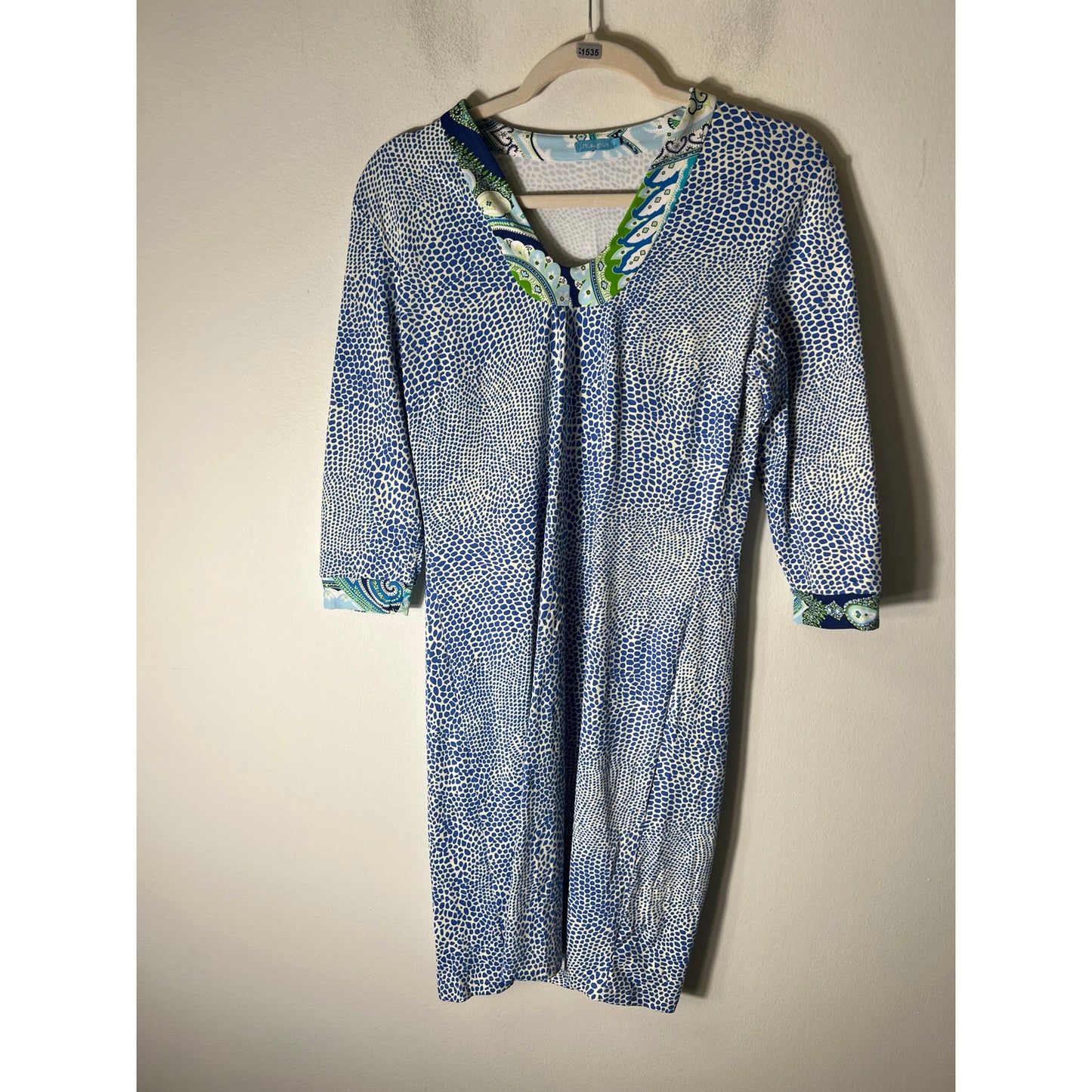 J. McLaughlin Blue White Print 3/4 Sleeve Shift Dress Sz S
