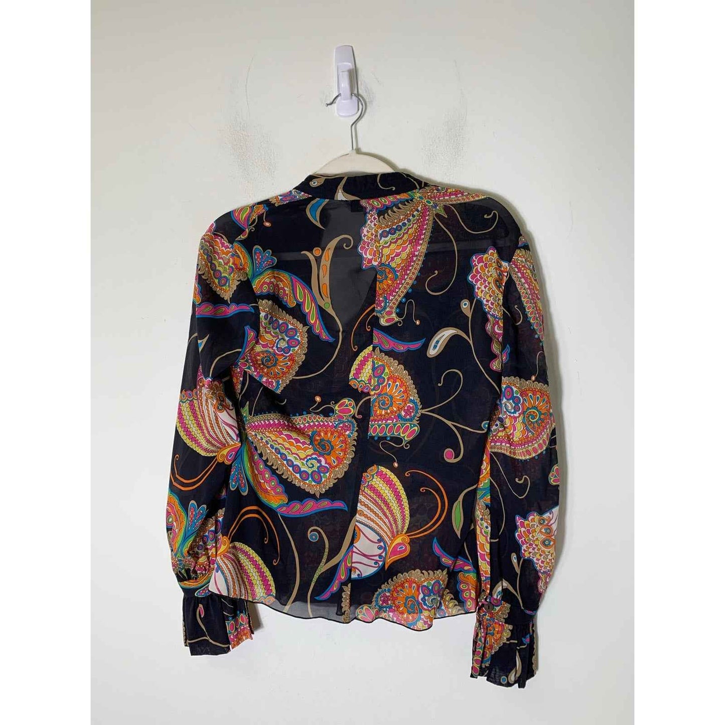Trina Turk Black Multicolor Long Sleeve Sheer V Neck Blouse Sz S