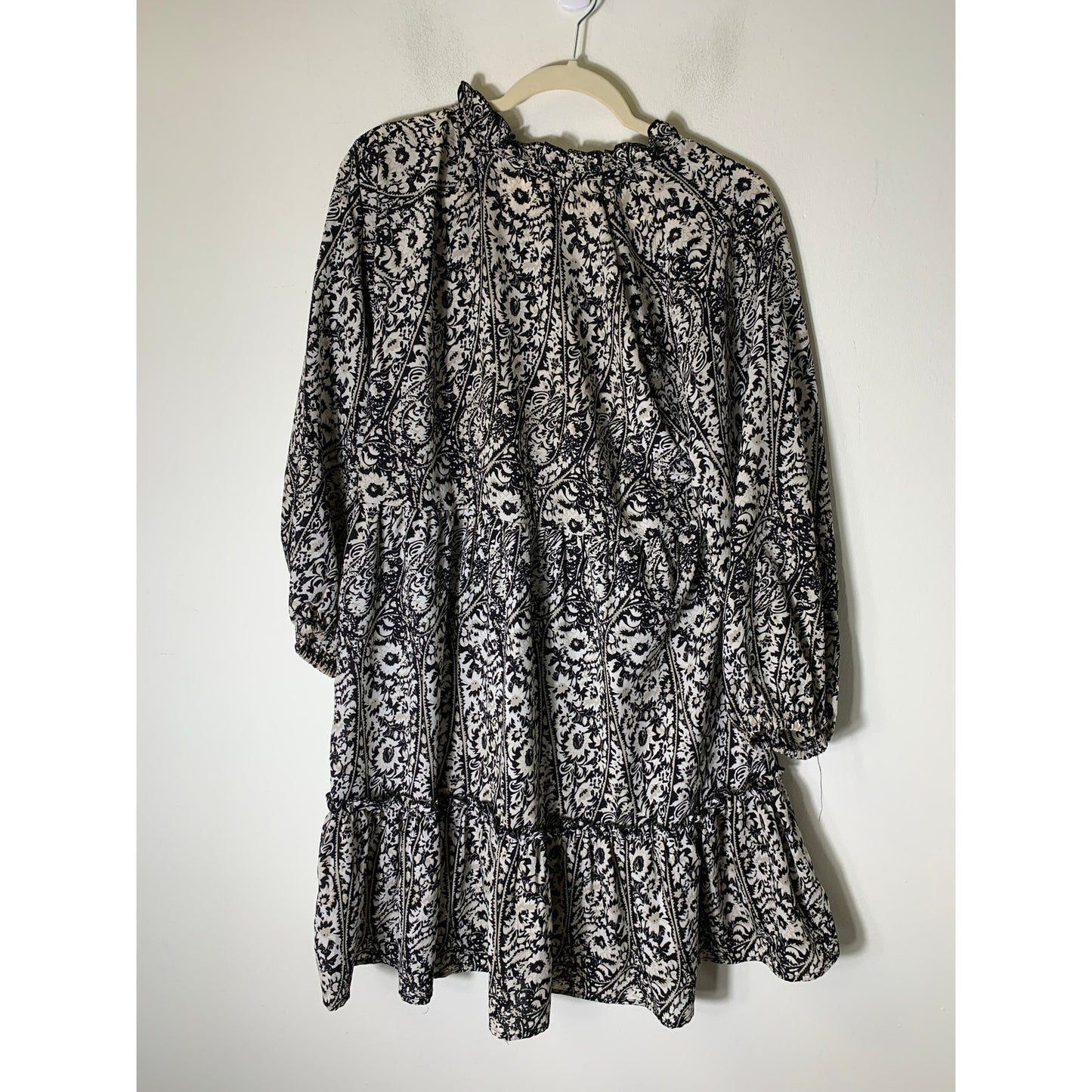 Made with Love Black White Print Long Sleeve Baby Doll Mini Dress Sz L