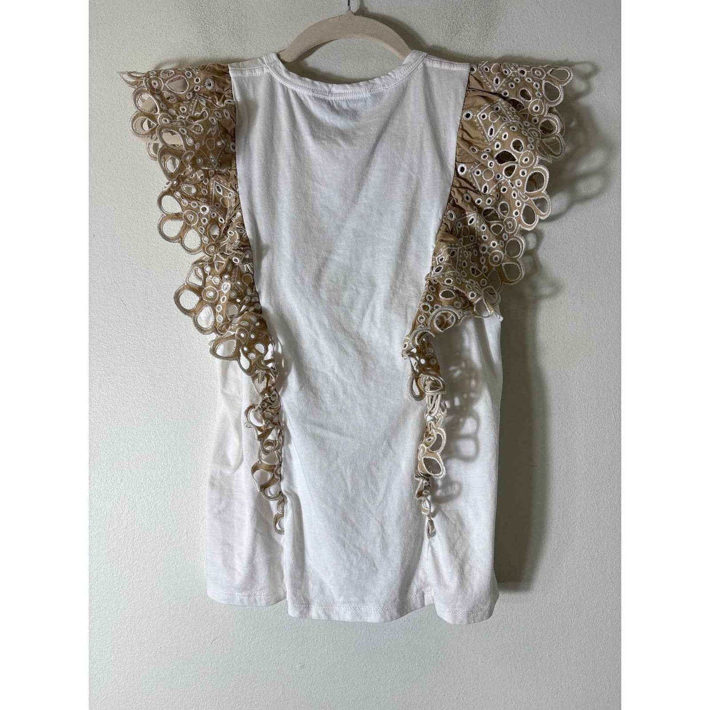 Veronica Beard White Tan Flutter Sleeve Cotton Tee Shirt Sz S