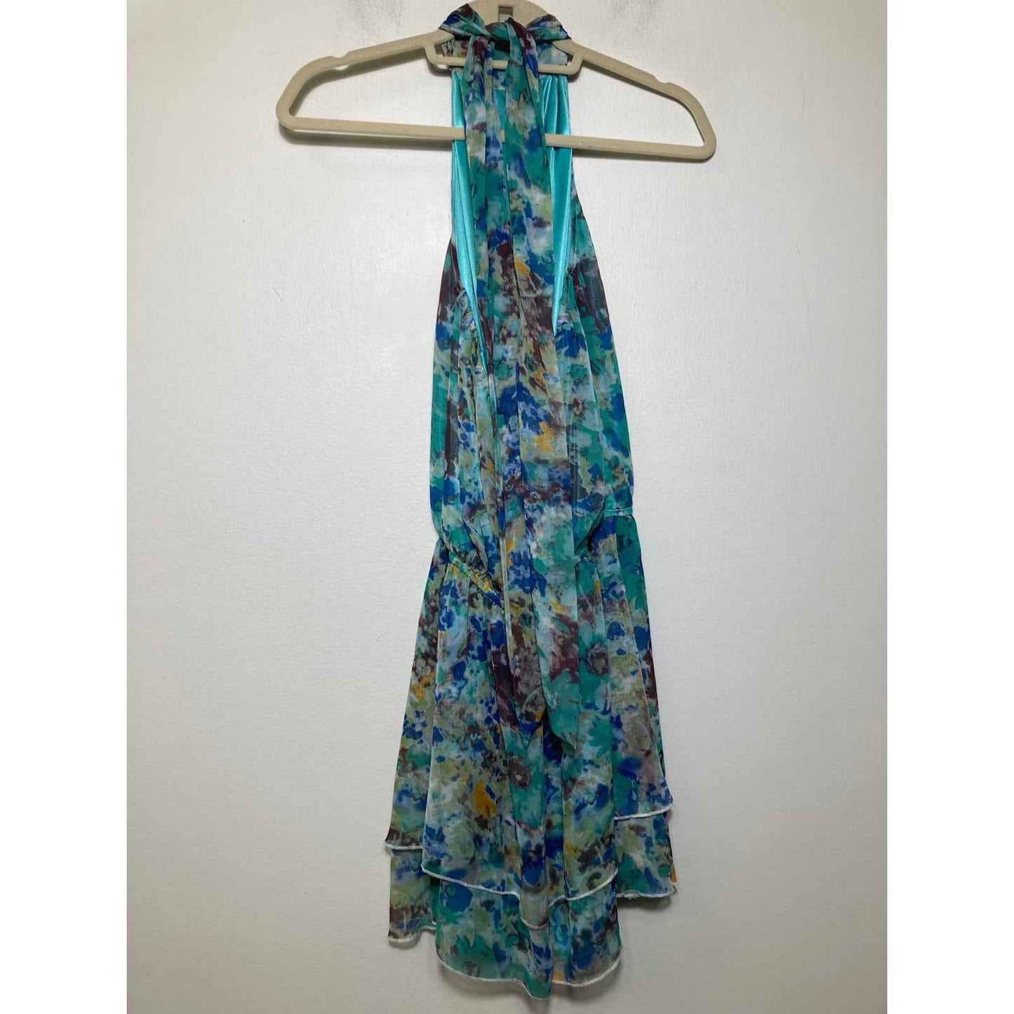 Ya Los Angeles Green Water Color Print Knee Length Halter Dress Sz S