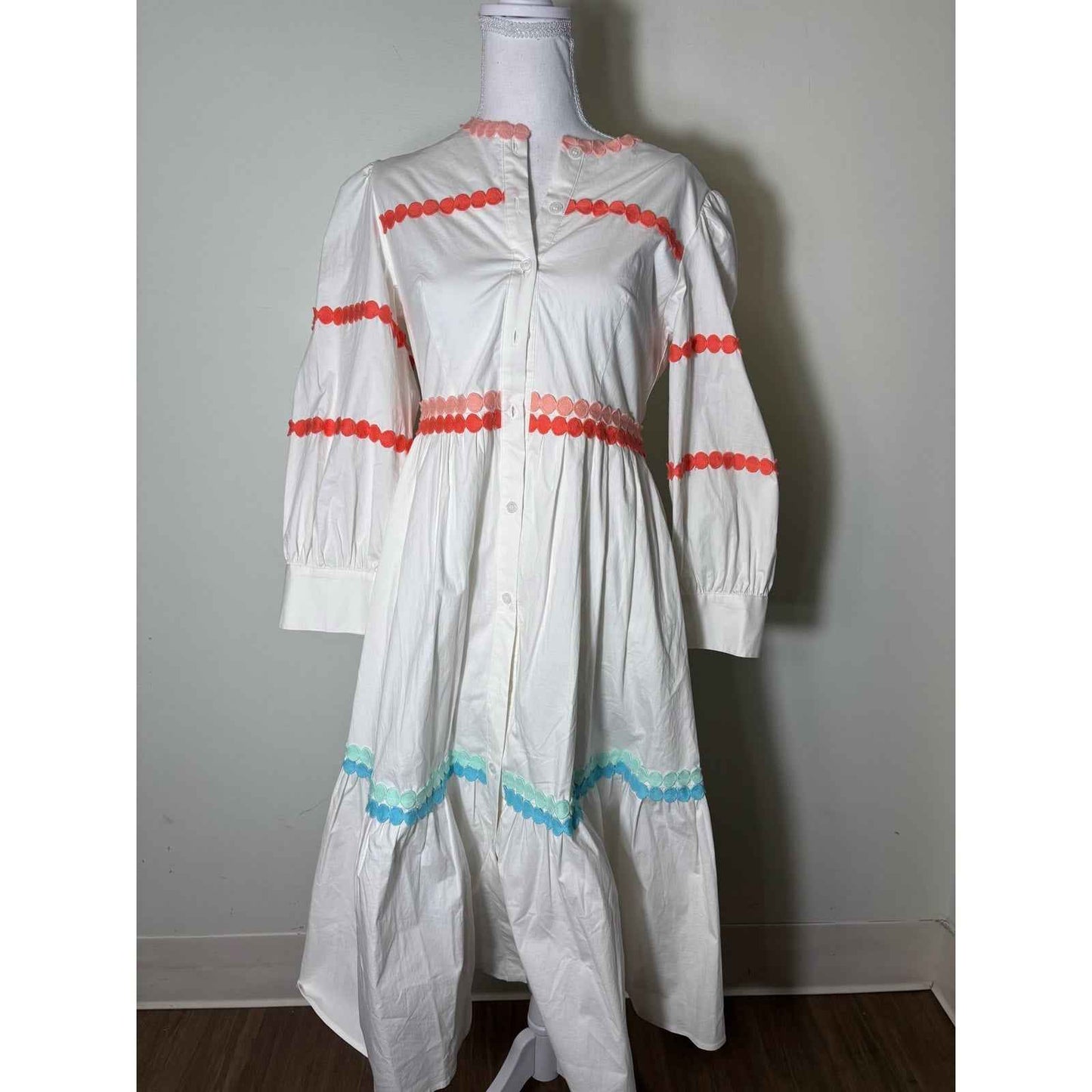 Marie by Victoria Dunn White Long Sleeve Button Up Crew Neck Maxi Dress Sz S