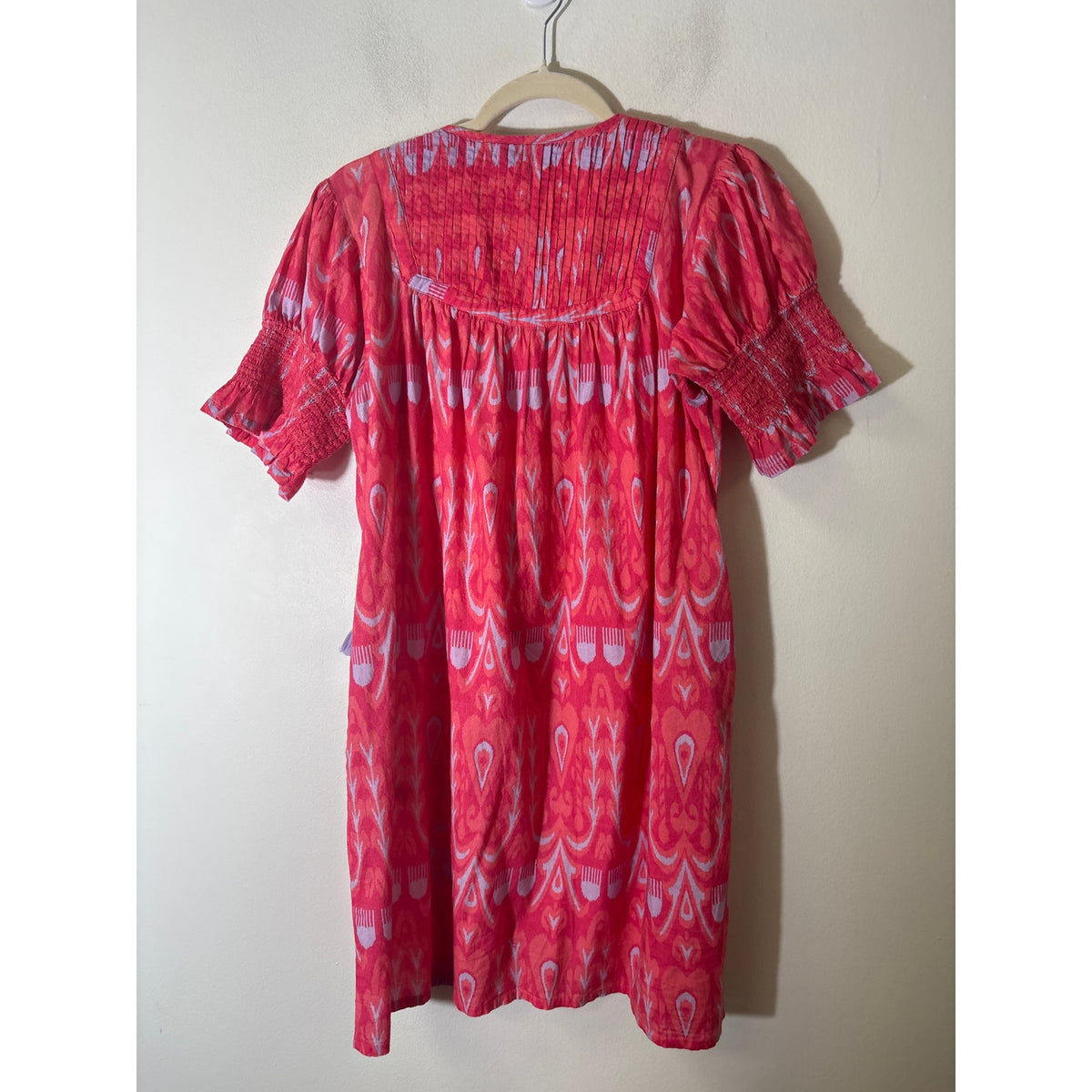 La Plage Red Gray Short Smocked Sleeve Cotton V-Neck Dress Sz S