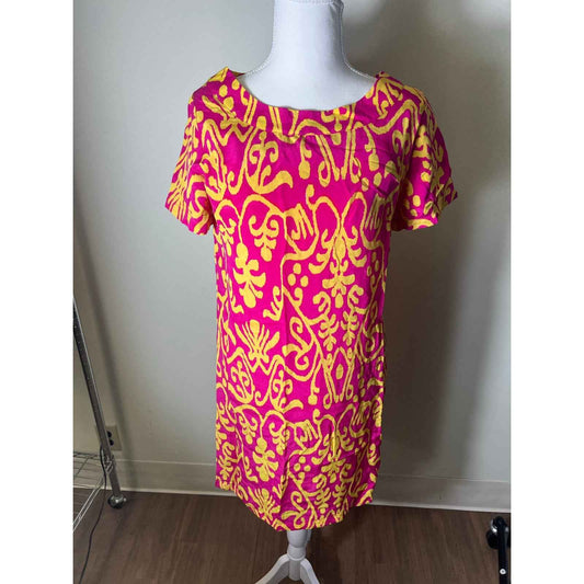 NWT Sherican French Hot Pink Yellow Short Sleeve Knee Length Shift Dress Sz 6