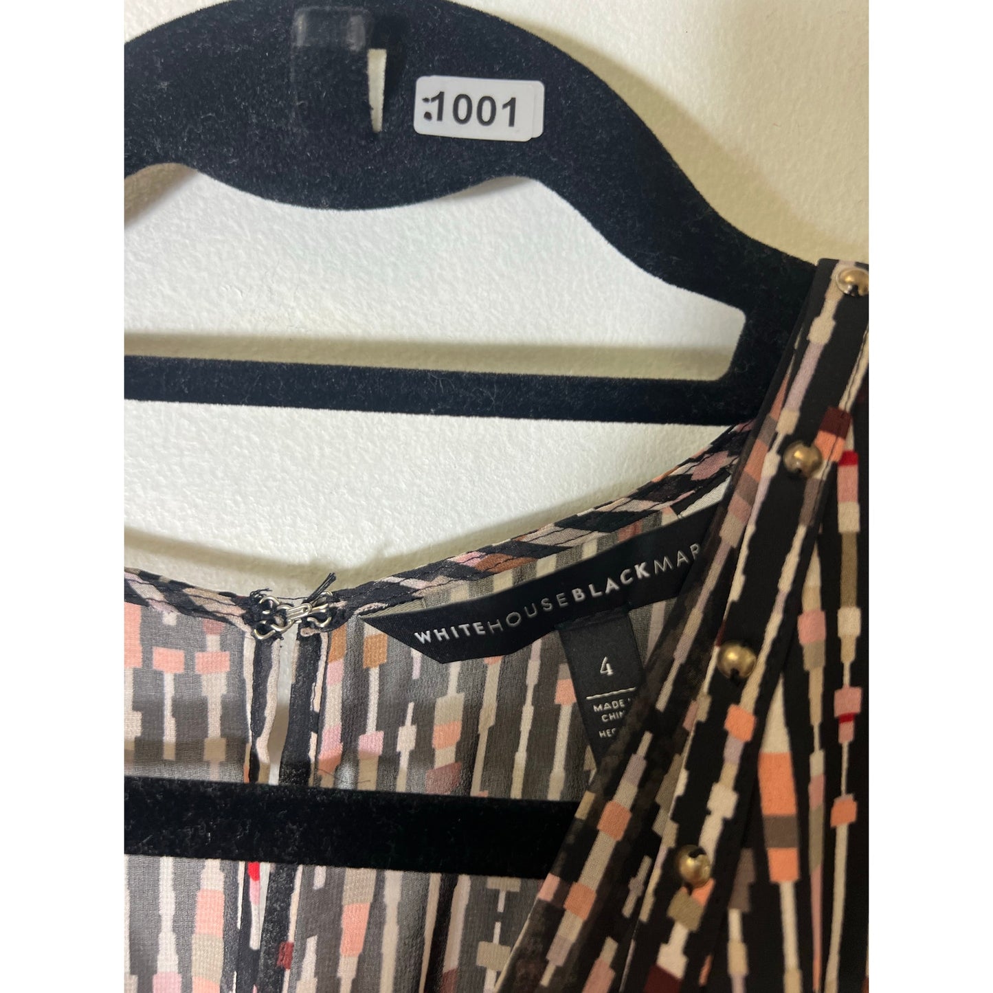 White House Black Market Black w Peach design V Neck Mini Sleeveless Dress Sz 4
