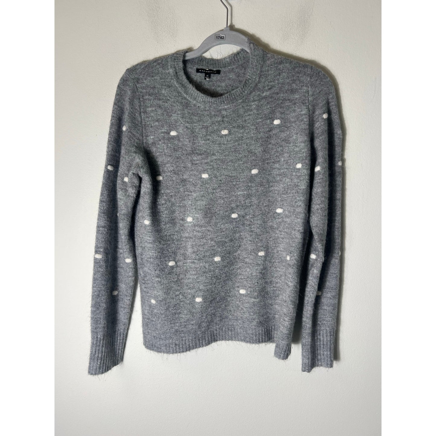 Staccato Gray White Dot Long Sleeve Crew Neck Sweater Sz M