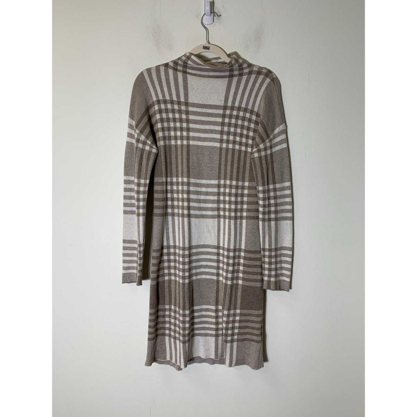 Max Studio Tan Off White Plaid Long Sleeve Knit Midi Sweater Dress Sz S