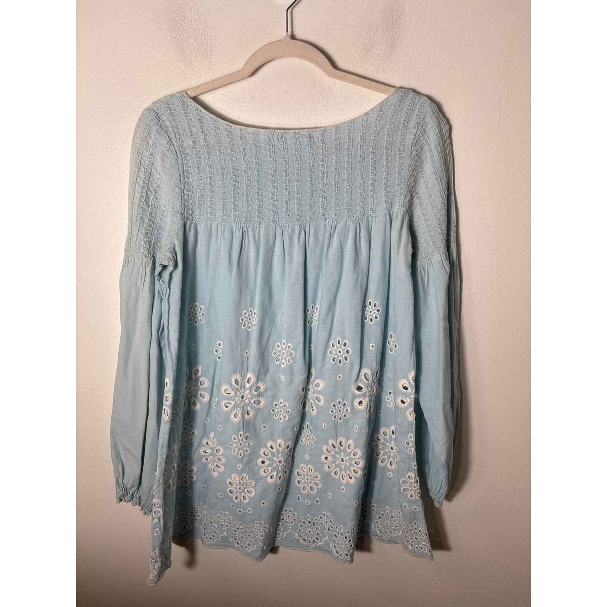 Sophie Max Light Blue Long Sleeve White Eyelet Cotton Top Sz M