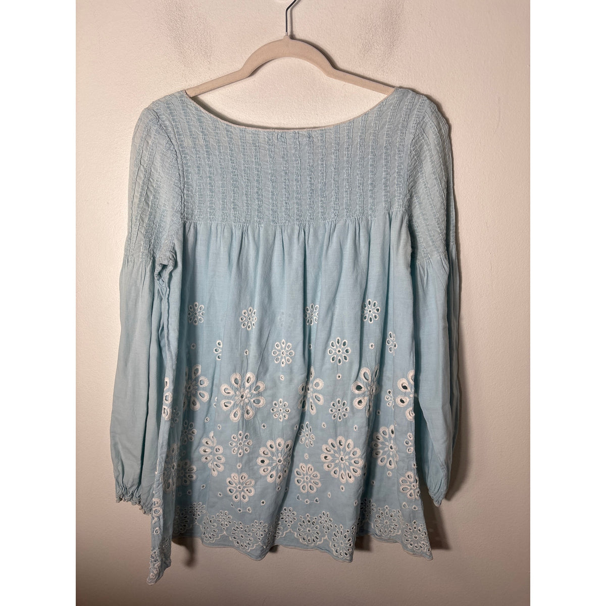 Sophie Max Light Blue Long Sleeve White Eyelet Cotton Top Sz M