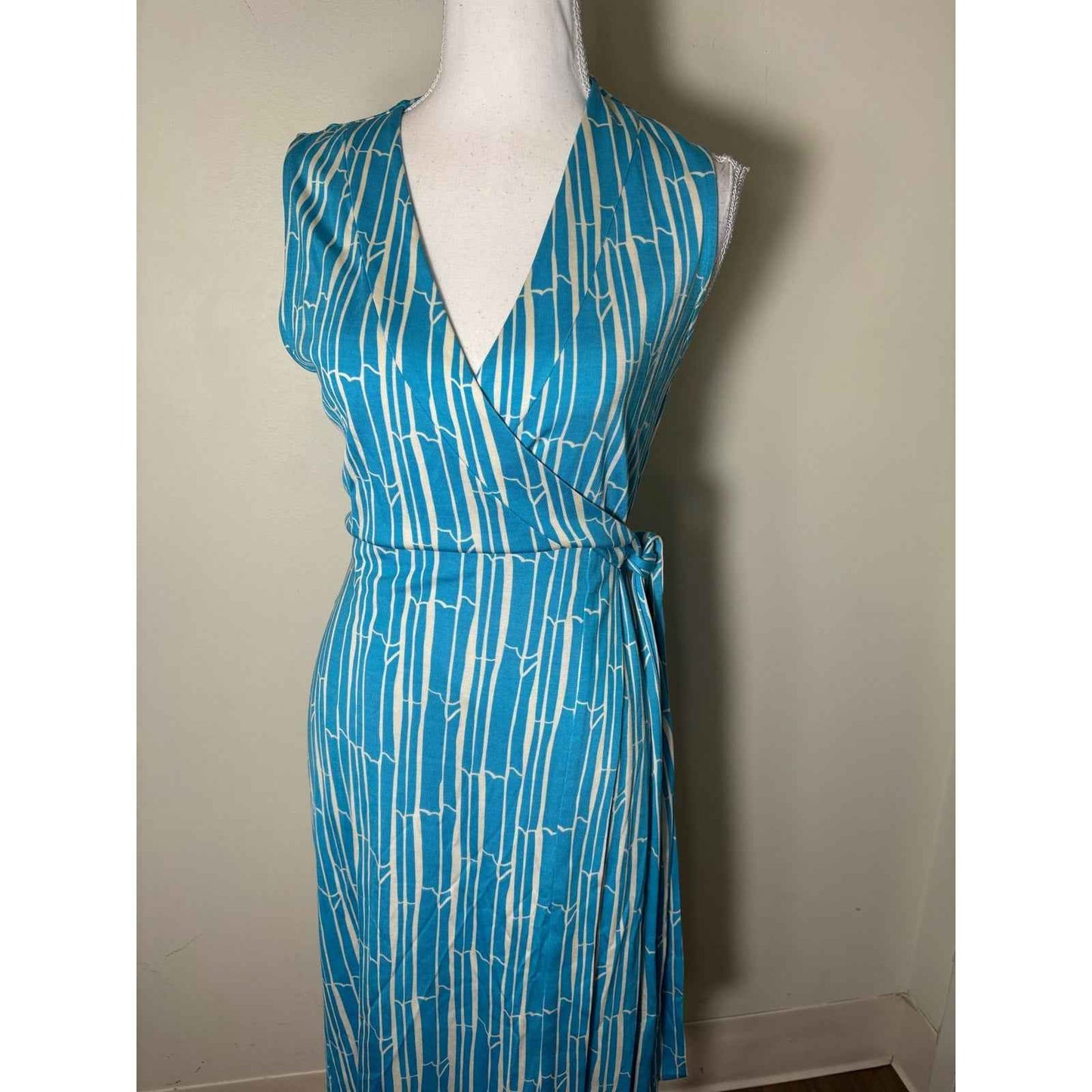 Diane VonFurstenburg Teal/White Bamboo Wrap Sleeveless Dress Sz 8