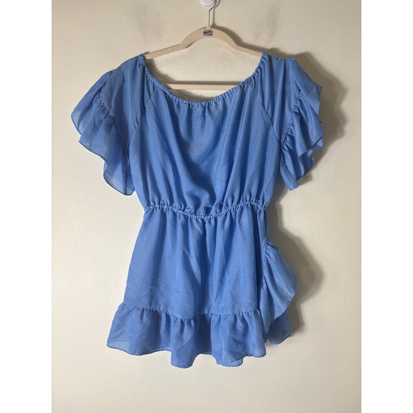 GOEN.J Medium Blue Flutter Sleeve Cinched Waist Ruffle Top Sz S