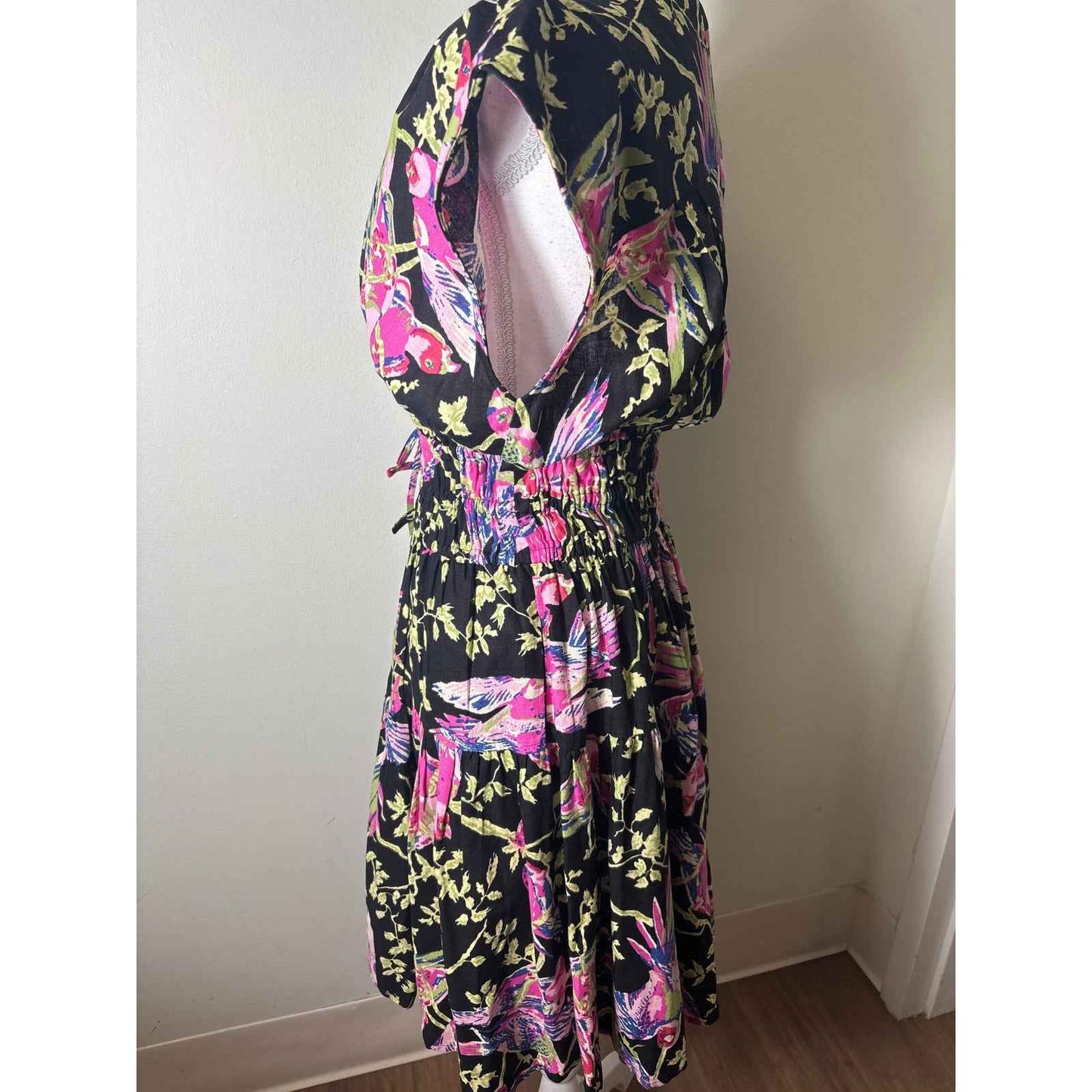 Derek Lam IO Crosby Black Pink Birds Cap Sleeve Knee Length Dress Sz 6