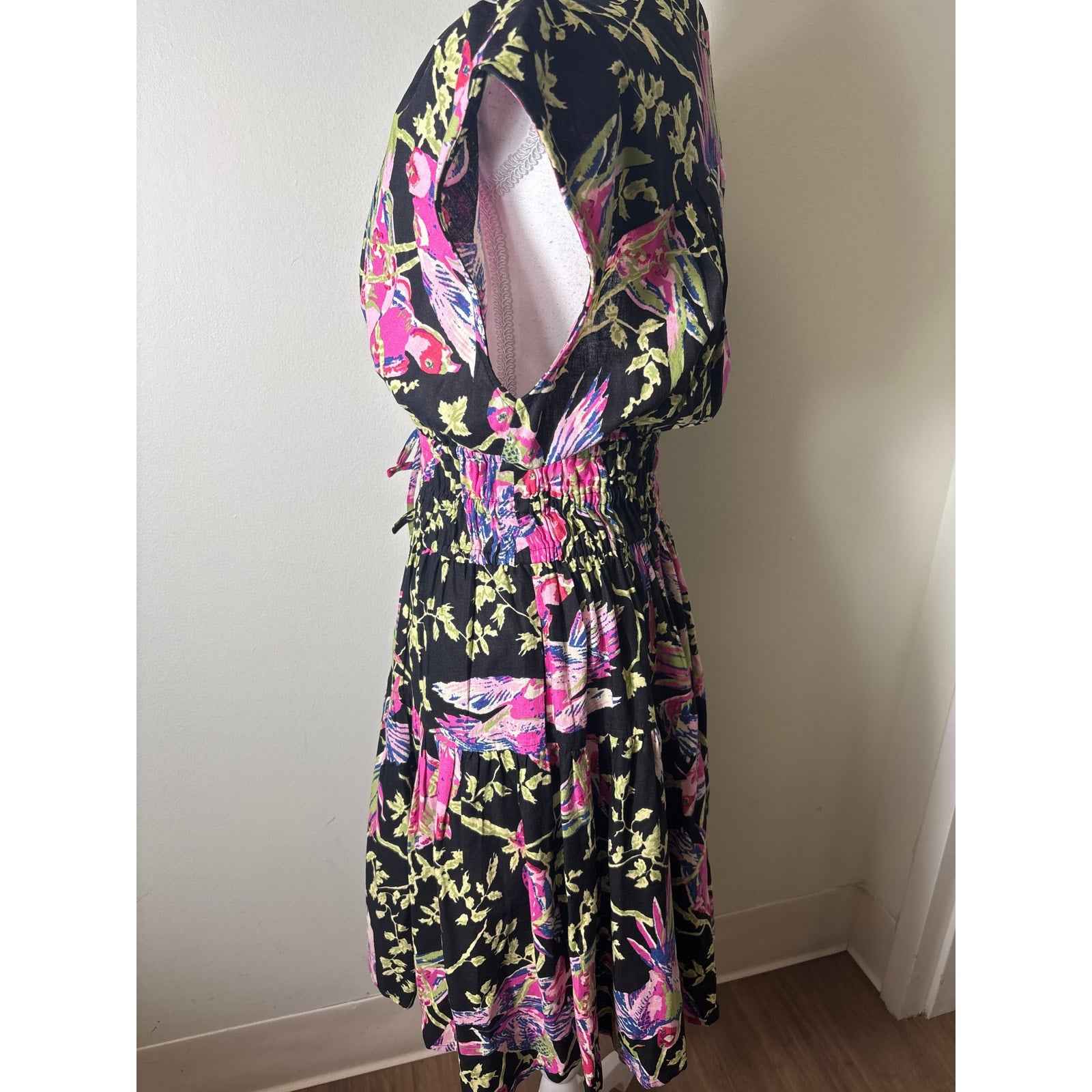 Derek Lam IO Crosby Black Pink Birds Cap Sleeve Knee Length Dress Sz 6