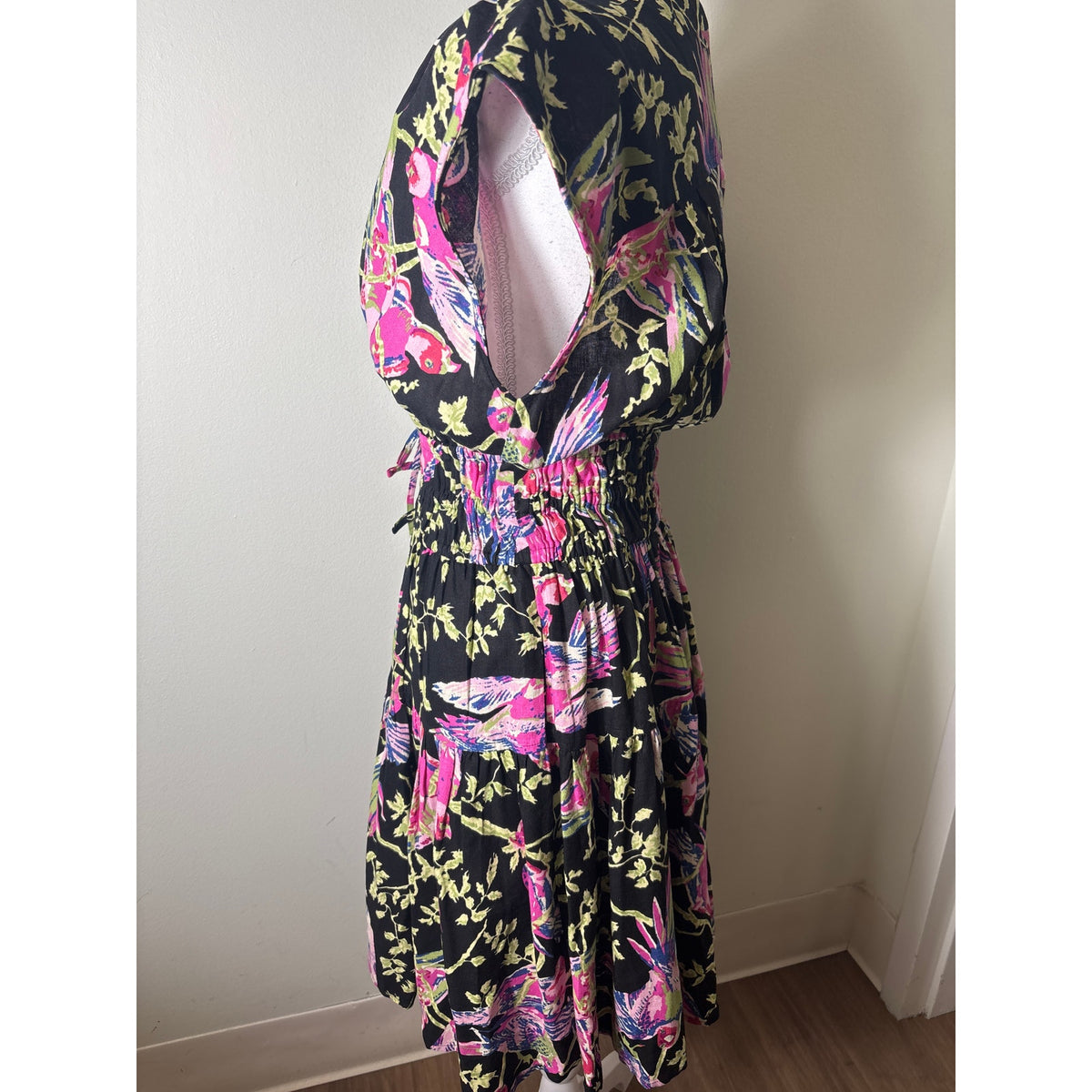 Derek Lam IO Crosby Black Pink Birds Cap Sleeve Knee Length Dress Sz 6