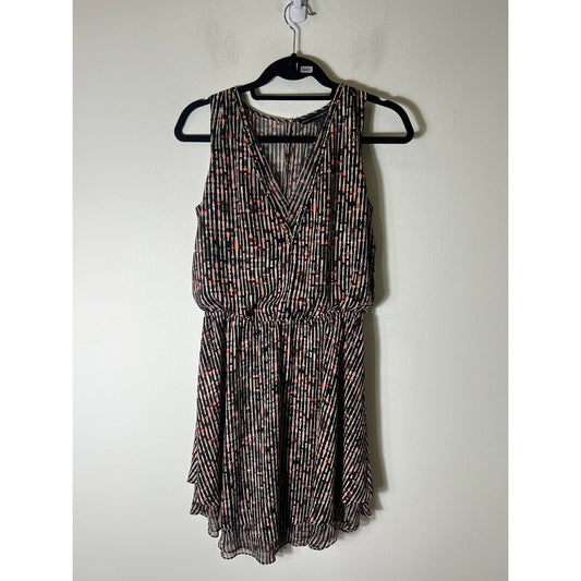 White House Black Market Black w Peach design V Neck Mini Sleeveless Dress Sz 4