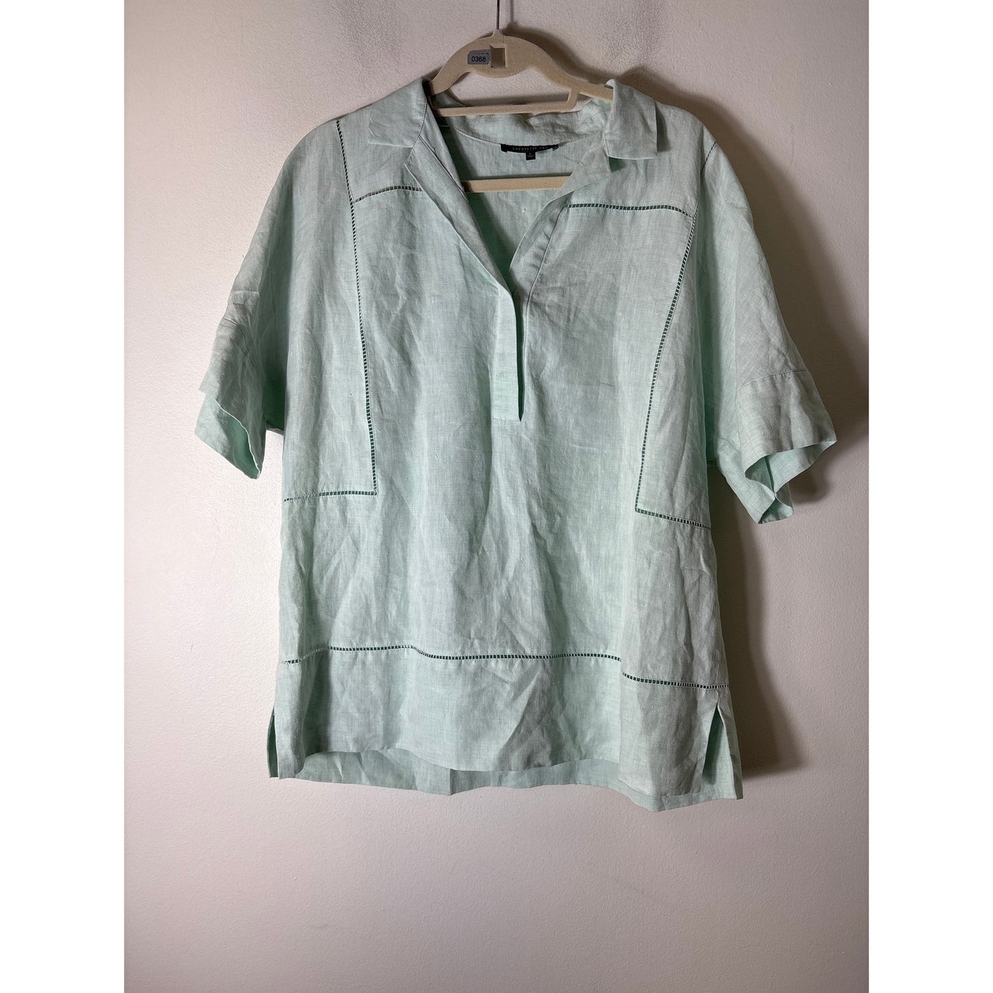 Lafayette 148 Mint Green Linen Short Sleeve Tunic Style Shirt Sz L