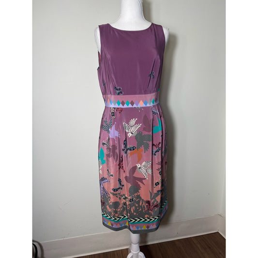 Anthropologie HeyHoe Purple Pink Bird Print Sleeveless Silk Sheath Dress Sz 4