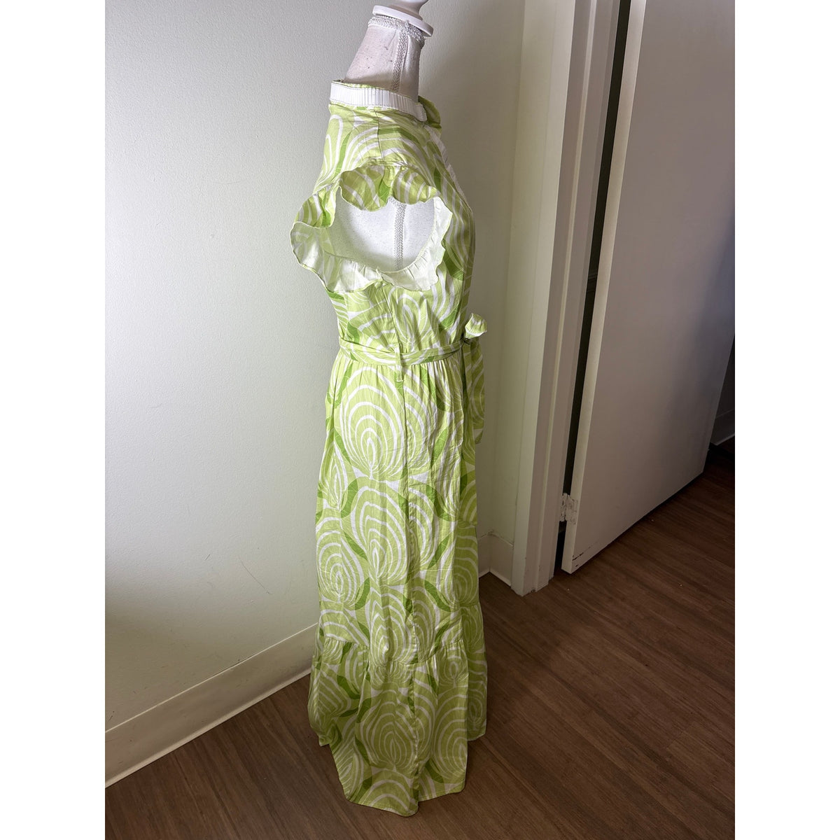 Sheridan French Lime Green White Flutter Sleeve Maxi Dress Sz L