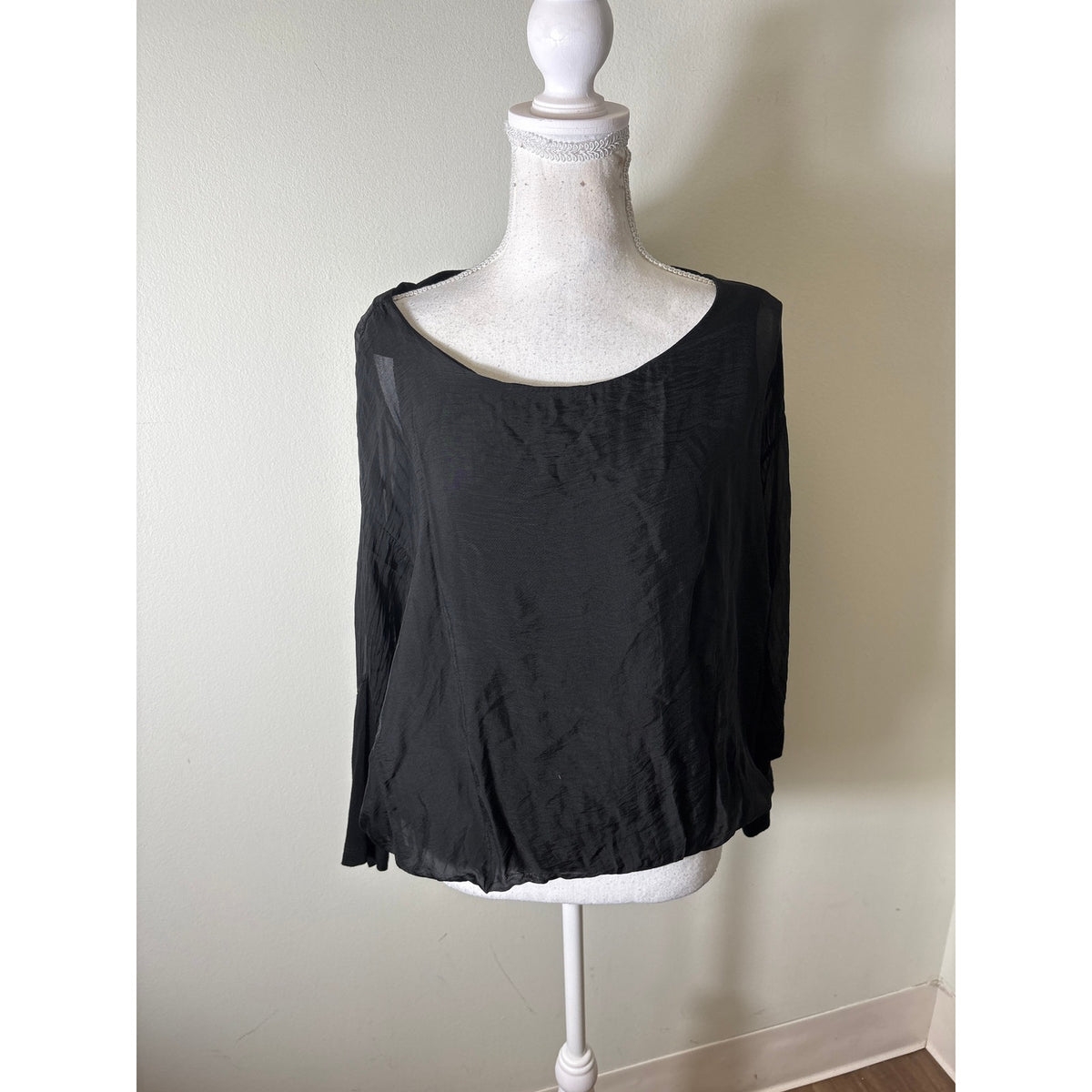 Gigi Moda Black Mixed Media Long Sleeve Blouson Style Top Sz