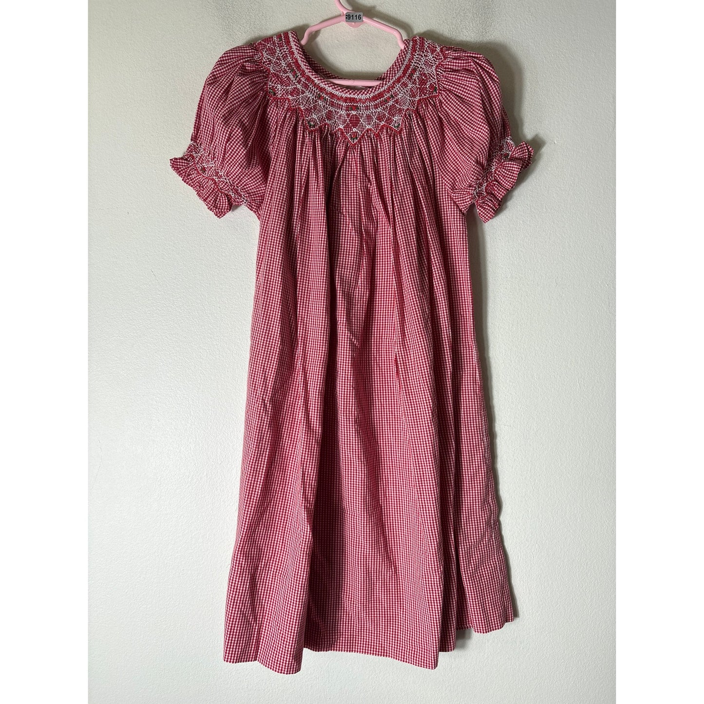 Girls Vintage Rosalina Red check smocked puff short sleeve dress Sz 4T