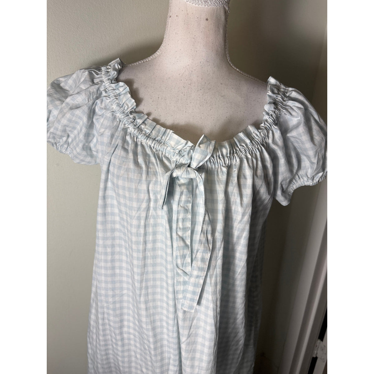 NWT Piyama Light Blue and White Gingham "Lily Long Lounge" Dress Sz M