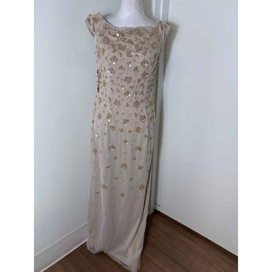 NWT Adrianna Papell Champagne Off the Shoulder Beaded Column Gown Sz 8