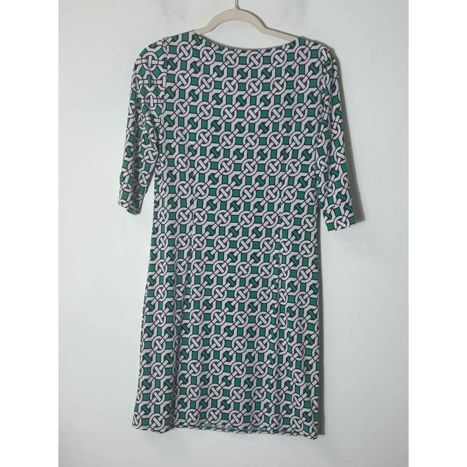 Laundry by Design Green White Geometric Print 3/4 Sleeve Length Shift Dress Sz 2