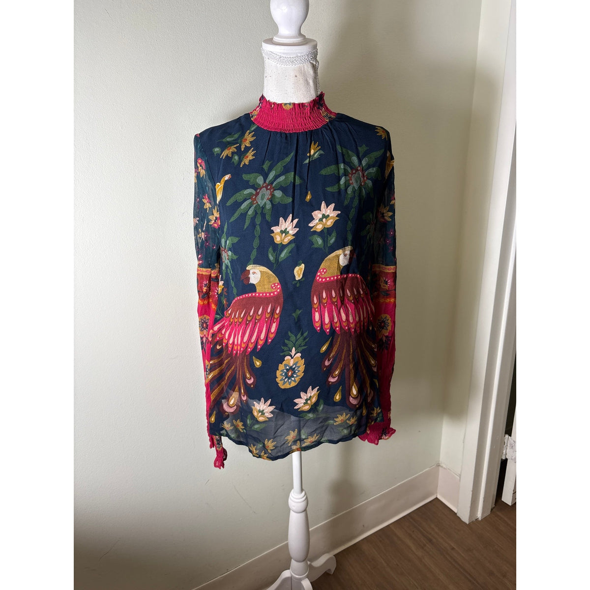 Farm Rio Navy and Pink Floral & Bird Up Collar Blouse Sz S