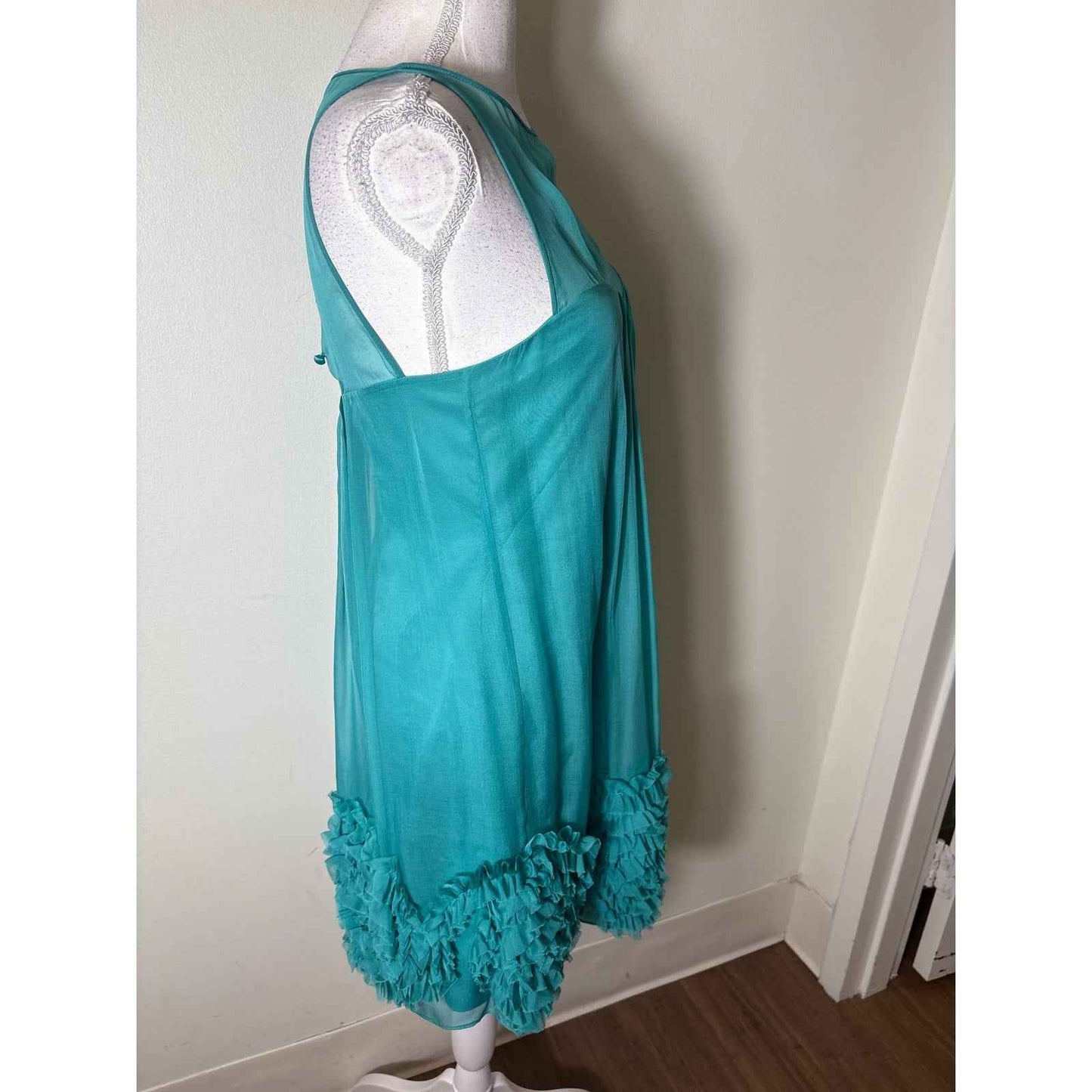 Rebecca Taylor Teal Green Silk Ruffle Hem Mini Dress Sz 2