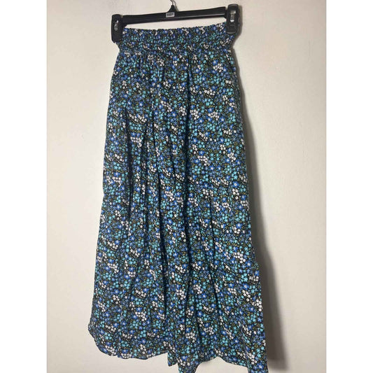 Buru Navy Blue Floral Smocked Waist Midi Skirt Sz xs