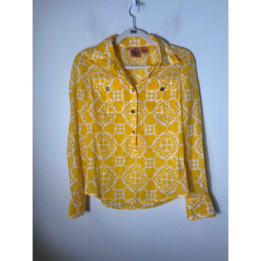 Tory Burch Yellow White Geo Print Long Sleeve Cotton Button Up Shirt Sz 2