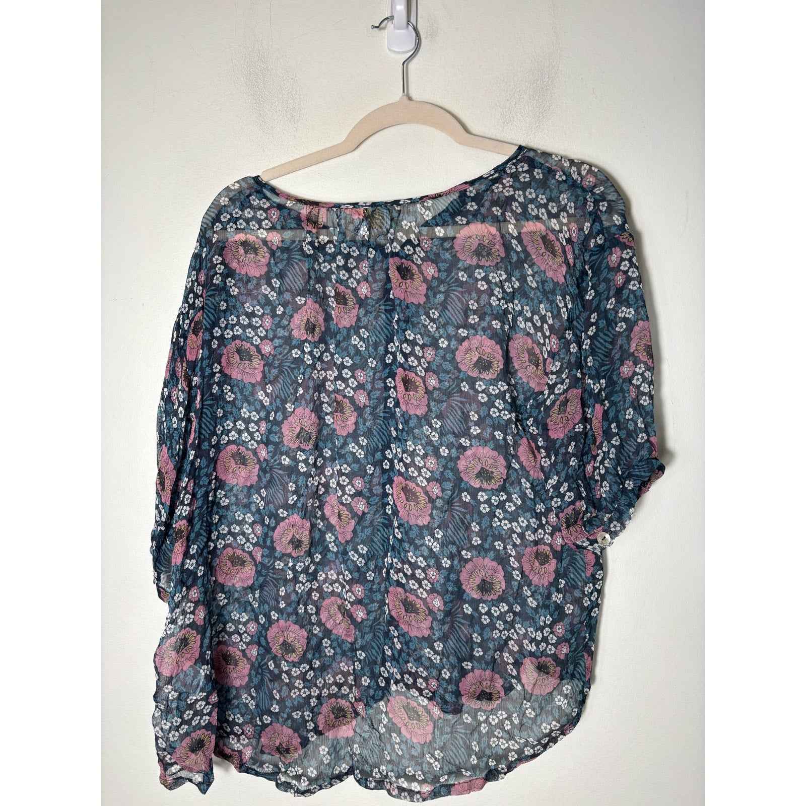 Natalie Martin Chiffon Blue Floral Sheer Top Sz s
